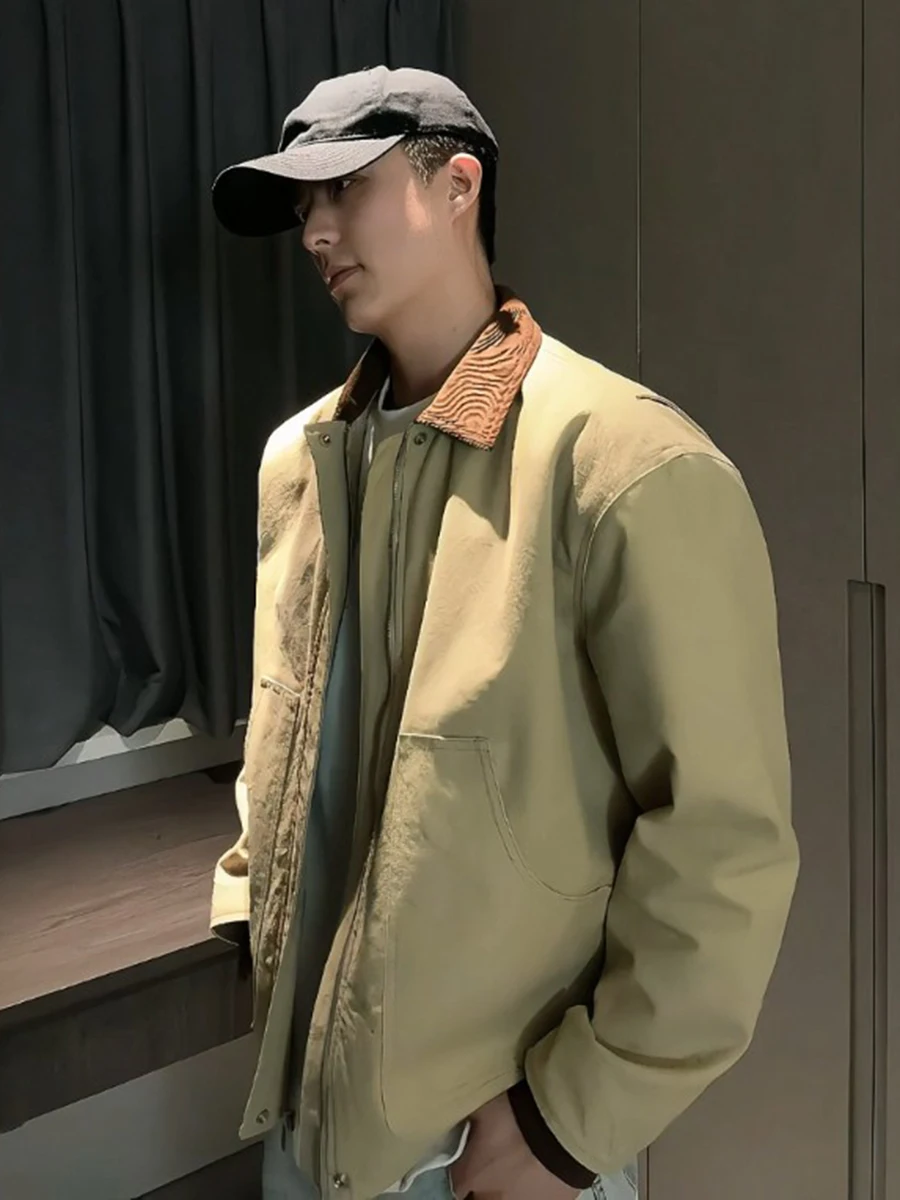 

Мужская бейсбольная куртка цвета хаки, весенне-осенняя, в американском ретро-стиле, с воротником, рабочая куртка Cleanfit из полиэфирного волокна, длинный рукав.