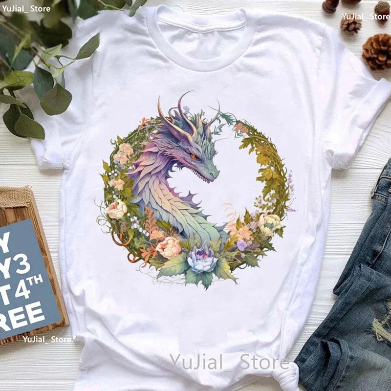 Colorful Dinosaur Flowers Animal Print T Shirt Girls Summer Fashion Tops Tee Shirt Women White Short Sleeve T-Shirt Female