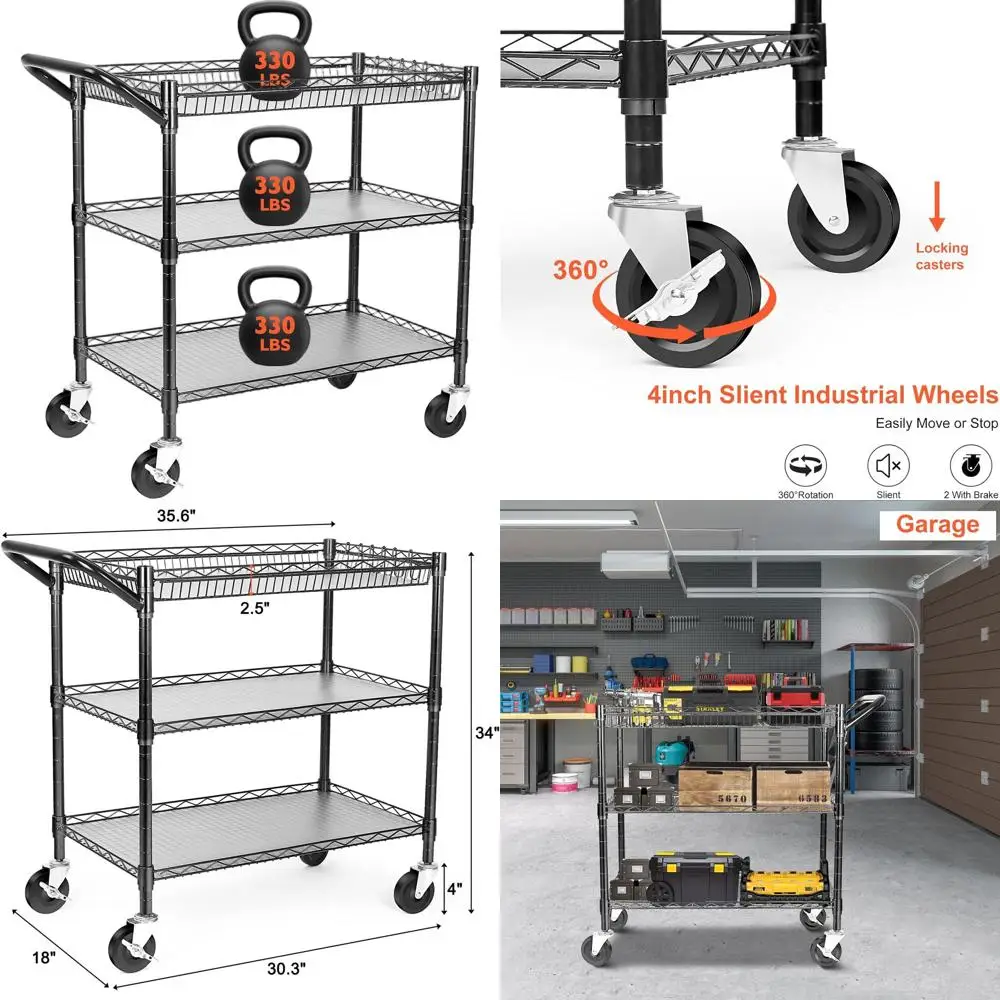 

Прочный 3-ярусный тележка-стеллаж с грузоподъемностью 450 кг, передвижная кухонная тележка, коммерческая металлическая тележка с проволочными полками и ручкой, черная