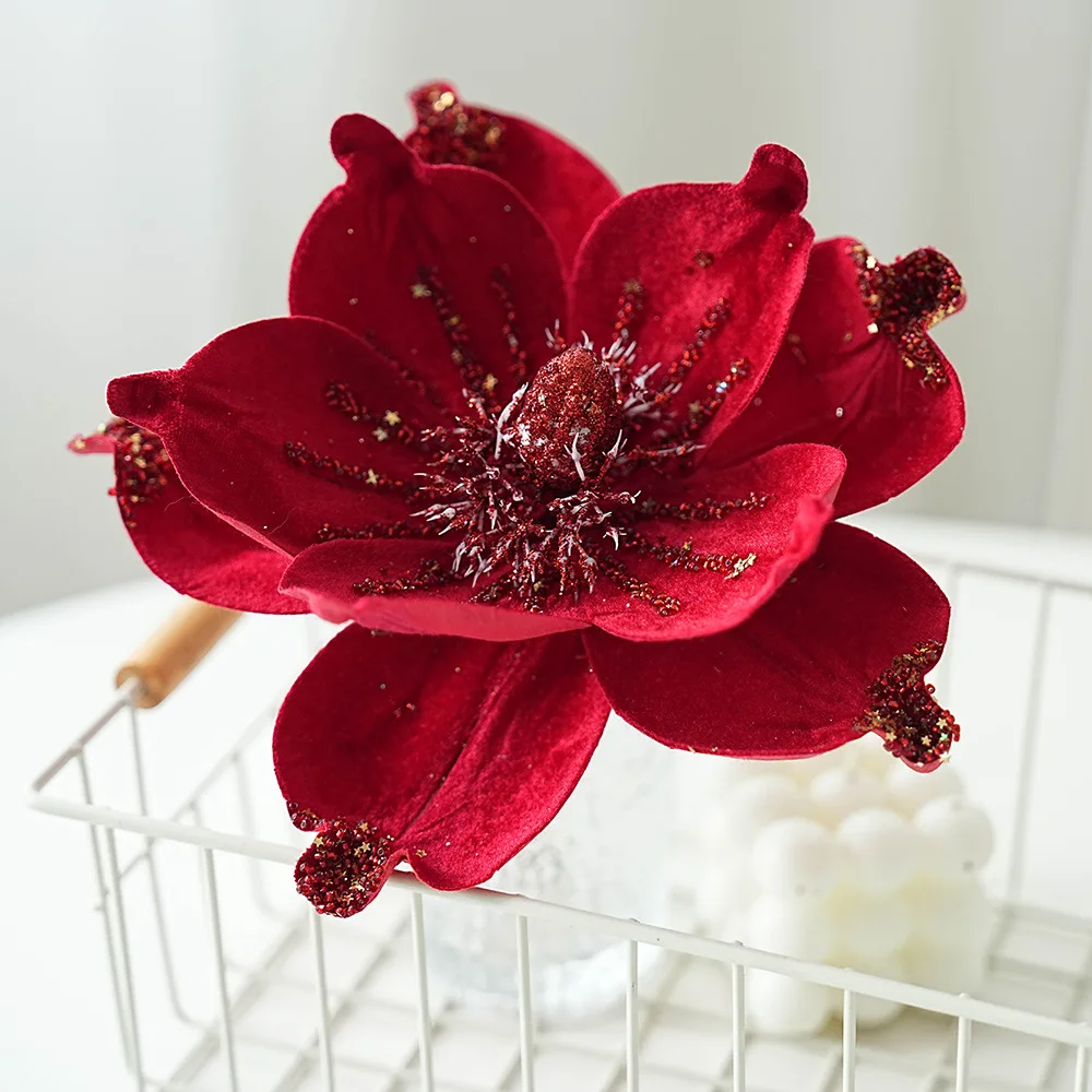 1/10pc Künstliche Glitter Weihnachten Blumen Roten Weihnachtsstern Weihnachten Baum Hängen Ornament Glitter Magnolia Gefälschte Blume Hochzeit Party – Detail 9