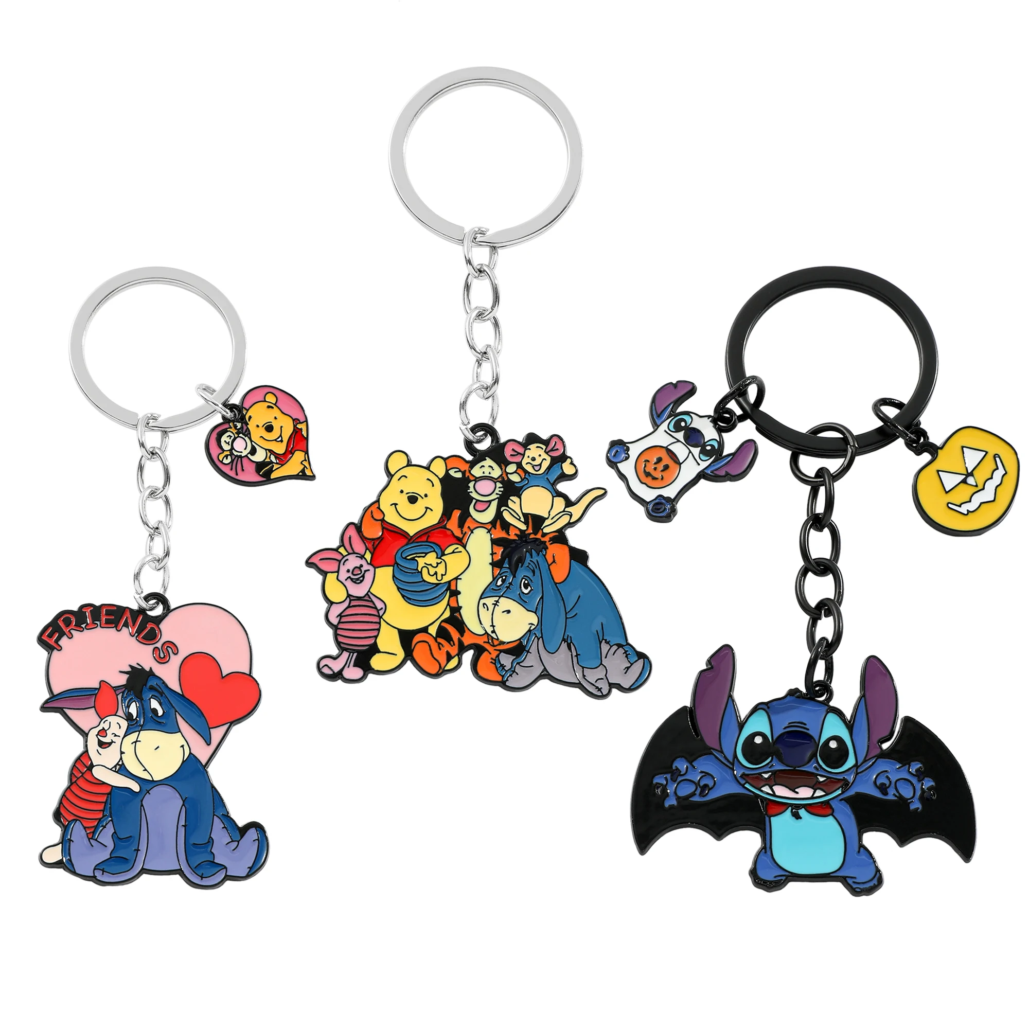 Disney Stitch Pooh Bear Keychain with Bat Wings Halloween Metal Key Ring Pendant Jewelry Cute Male Gift Backpack Decoration