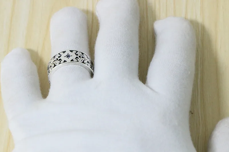 S925 Sterling Silver Personalized Retro National Style Tang Grass Pattern Double Opening Open Wide Face RingMen and women punk j