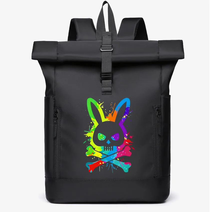 

Waterproof Travel Men's Backpack Color Skull and Rabbit Print 15.6" Laptop Backpack Multifunction Roll Top Sports Bag For Women