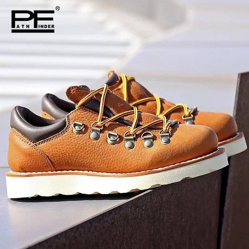 Genuine Leather Wedge Moc Toe Work Boots for Men Women Casual Quality Goodyear Welted Low Cut Shoes Soft Toe , Comfort Insole