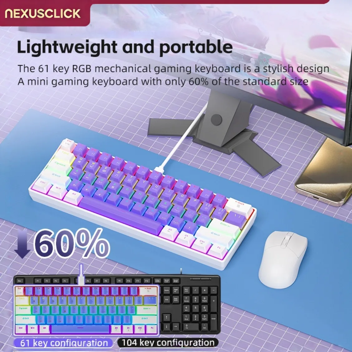 NexusClick 61 Keys Mechanical Gaming Keyboard Wired Type‑C Detachable RGB ABS Keycaps Portable Mini E‑sports Keyboard For Office image 3