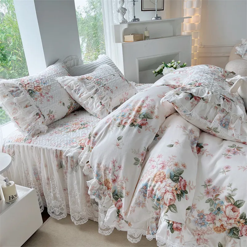 Chic Duvet Cover Set Cotton King Size Double Bed Print Floral Princess 4pcs Bedding Set Ruffle Skirted Bedspread 2 Pillowcases