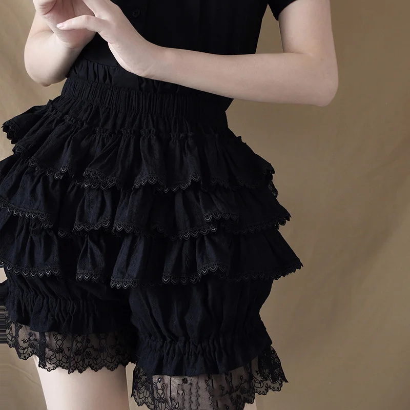 Lolita Summer Shorts Bloomers Women Pettipants Kawaii Maid Cosplay Cotton Tiered Ruffle Lace Hem Pumpkin Pants Black Pink White