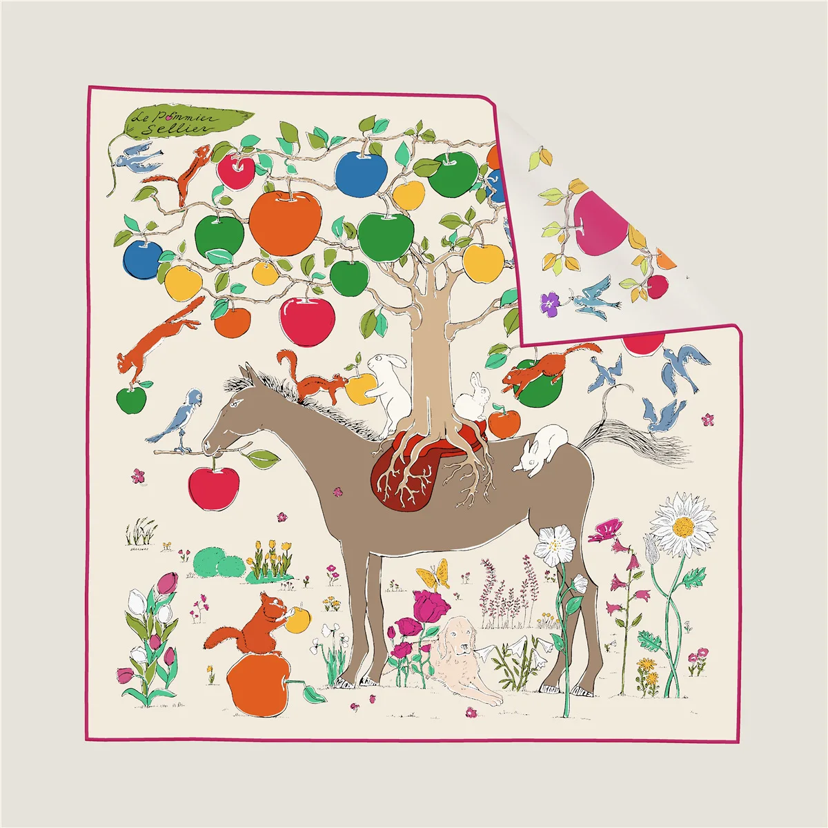 New 90*90cm Double-side Twill Silk Apple-Tree Printed Square Scarf Women Two Sides Scarves Foulards Hijabs