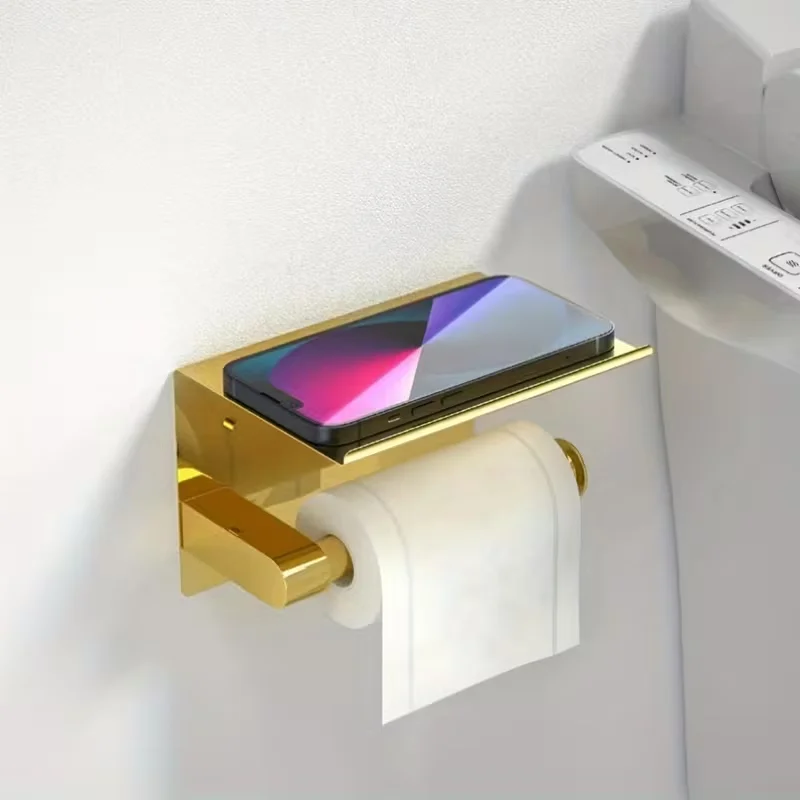Luxurious Golden Toilet Paper Holder with Phone Shelf - 304 Stainless Steel, Polished Self-Adhesive Wall Mount, No-Drill Install