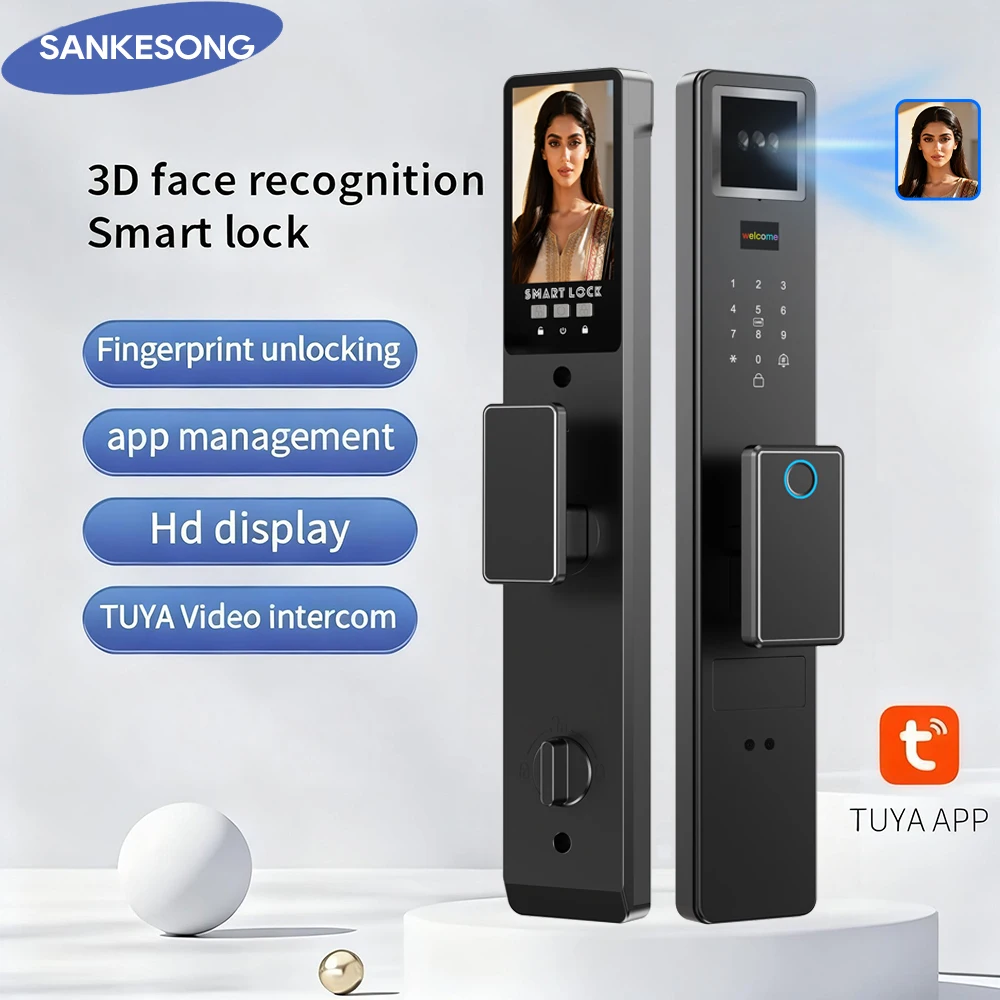 

SANKESONG Smart Door Lock with 3D Facial Recognition, Fingerprint Scanner, Security Camera, and Dual Battery System