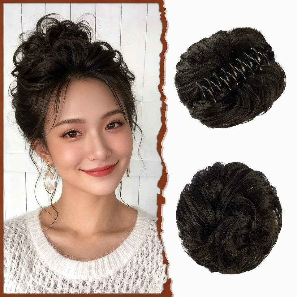 Claw Clip Bun Hair Extension for Women - Synthetic Wavy Curls with Sparkling Rhinestone Accents, Secure Hold for Updos
