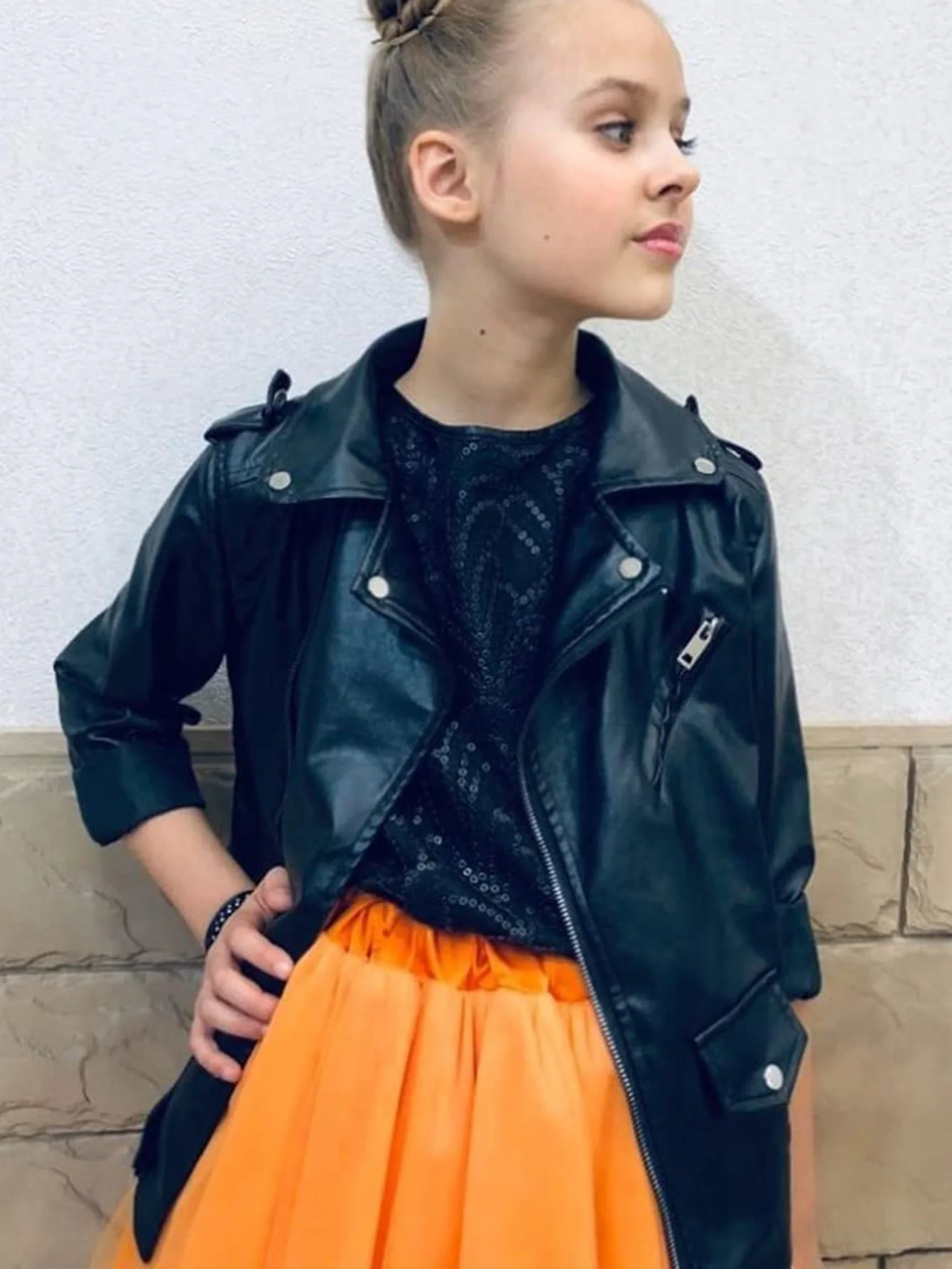 Girls Leather Jacket Kid Outwear Solid Color Zipper Faux Leather Spring Autumn Pu Jacket