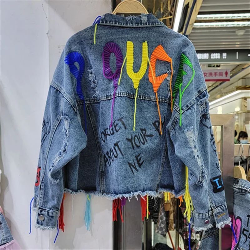 Multicolour Diamonds Holes Denim Jacket Women Loose Short Hem Frayed Cowboy Outerwear Korean Big Pocket Jeans Jacket Coat Female