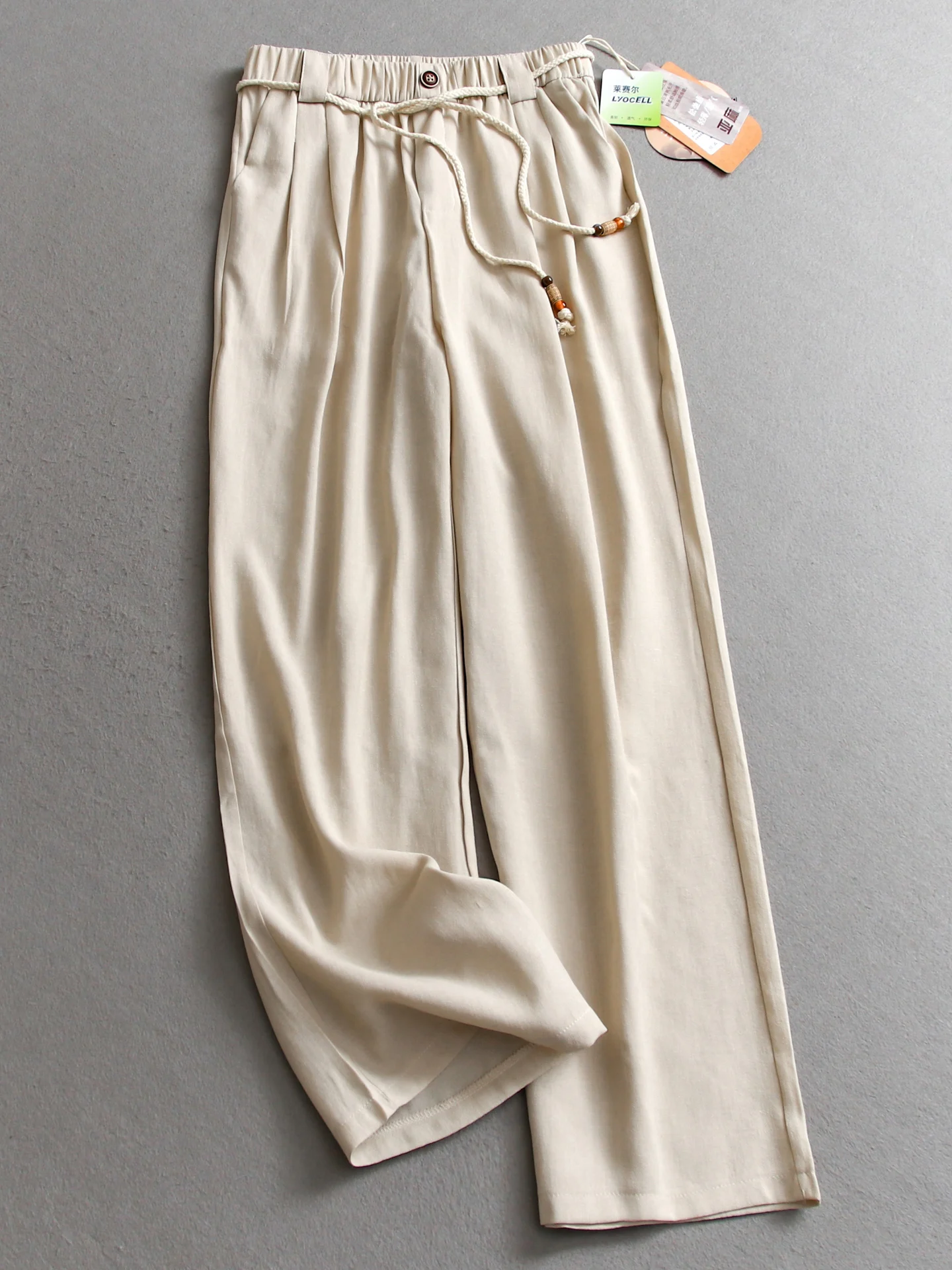 Linen Blend Wide Leg Pants Women's Casual Loose Straight Cut Trousers Elastic Waist Pure Color Belted Versatile Female Pants