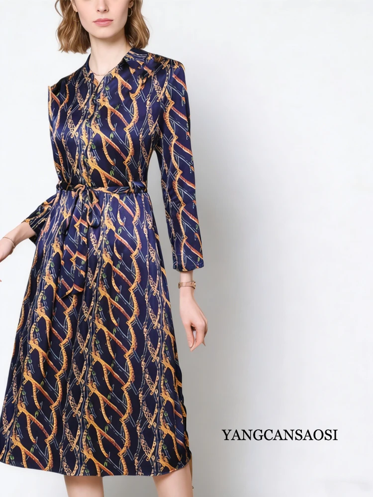 2026 Spring Clothing Temperament Waist Cinching Lapel 90% Natural Mulberry Silk Elastic Satin Long Sleeved Printed Women's Dress