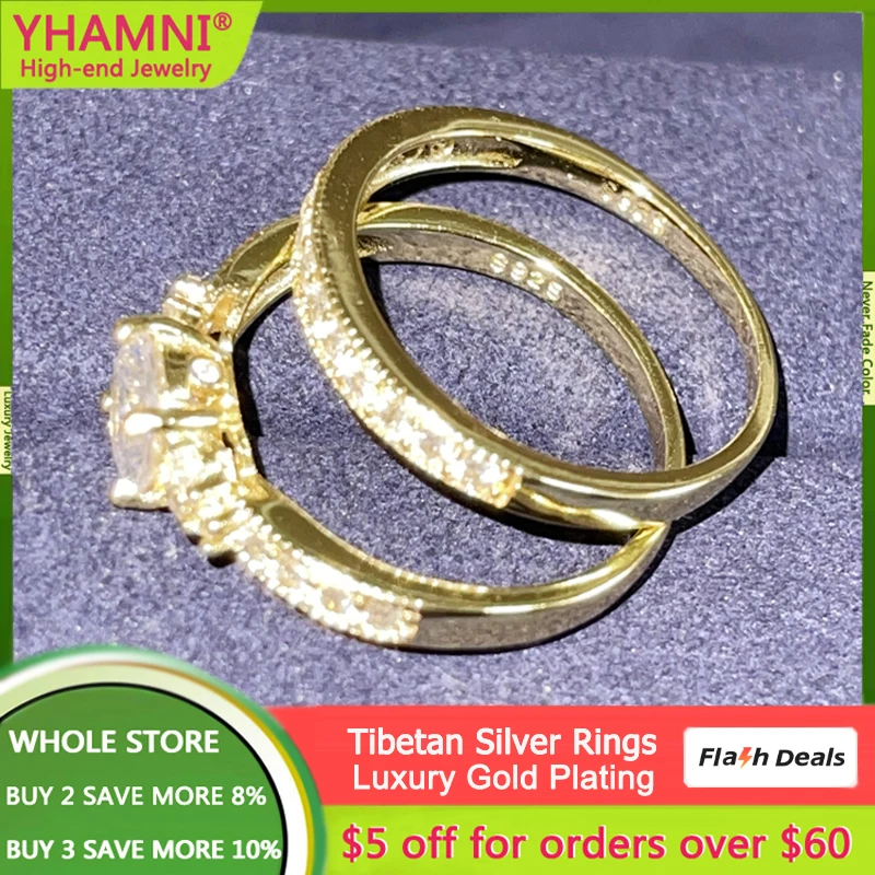 

With Credentials Fine Pure Gold Color Real Tibetan Silver Rings for Women 2.0ct Cubic Zircon Wedding Bands Set Bride Jewelry