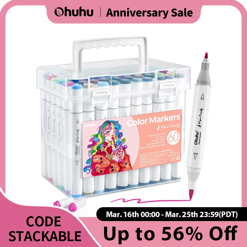 

Ohuhu Markers Paper-friendly Water-based Coloring Markers 60 Colors Dual Brush Fineliner Tips Markers Coloring Books Art Markers