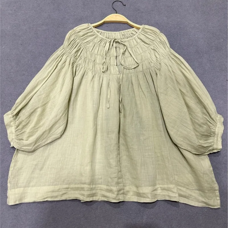 Johnature Japanese Mori Tie Cropped Sleeve Ramie Shirts 2024 New Casual Loose French Tops Autumn Solid Color Simple Blouses