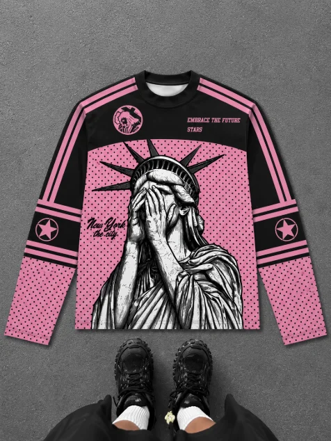 Fashion Streetwear - Long Sleeve Jersey T‑Shirt Retro Hand‑Drawn