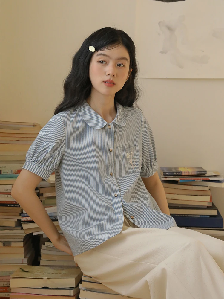 

Nesoulum Women's ort Sve irt Summer Vintage Loose Cotton Doll Collar Top Blue White Stripes Embroidery Design Casual P...