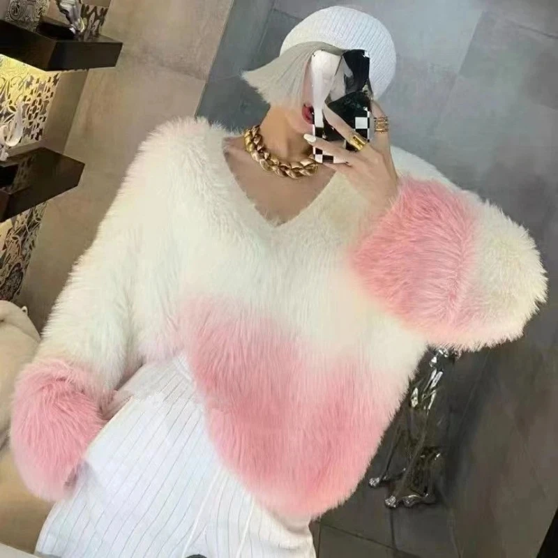 Autunno e inverno maglione donna 2023 nuovo temperamento sciolto contrasto colore imitazione visone velluto capelli lunghi Pullover maglione