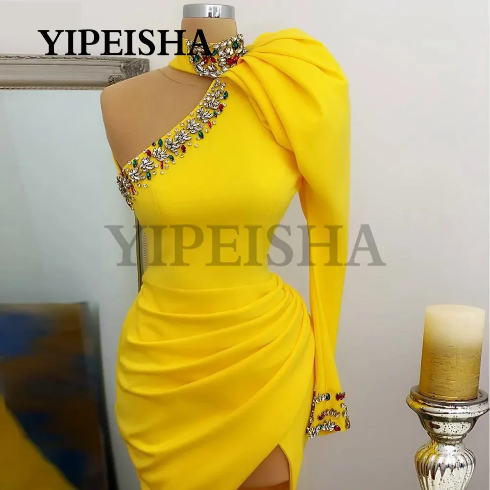 

High Neck O-Shoulder Mini Prom Gown Beading Crystal Long Sleeve Yellow Short Sheath Party Dresses robe de soirée femme vestidos