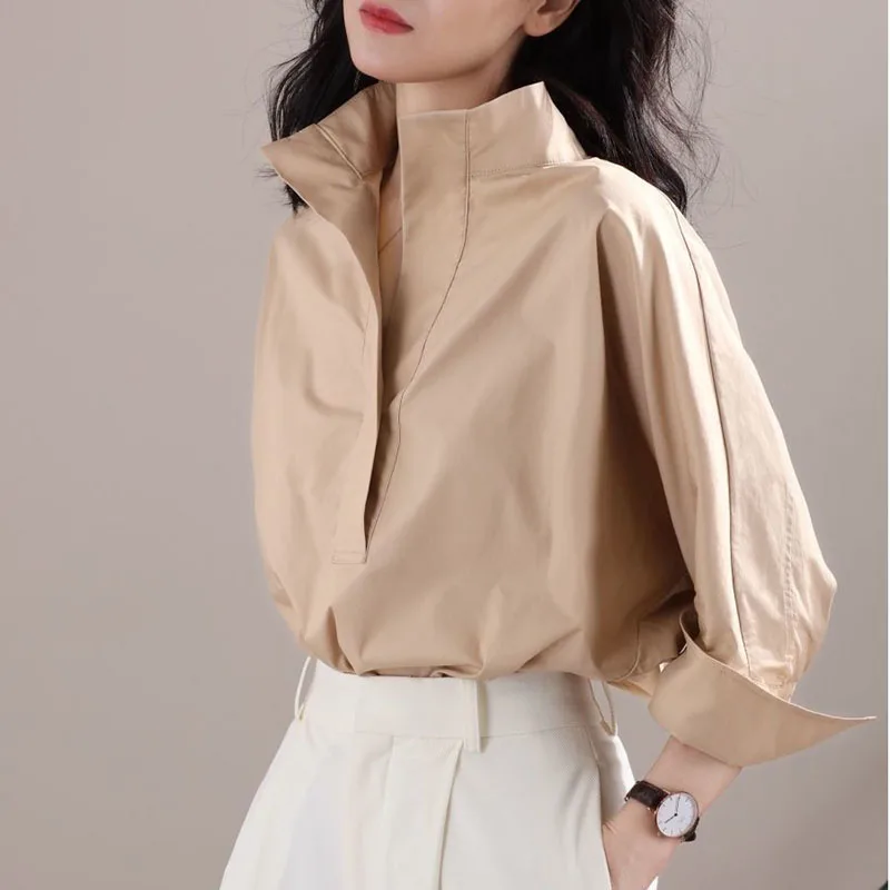 Fashion Stand Collar Solid Color Korean Blouse Women\'s Clothing 2023 Spring New Casual Pullovers All-match Office Lady Shirt