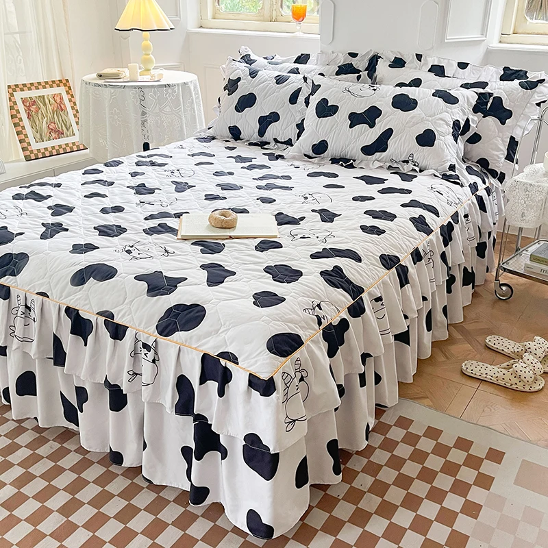 Milk Cow Brushed Macrame Bed Skirt Set, Quilting All Seasons Universal Non-slip Bedding Set, for Bedroom Guest Room Dorm Hotel