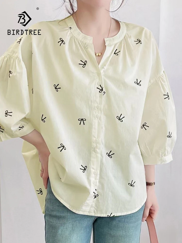 New Summer Cotton Casual Shirt Women O Neck Half Sleeve Bow Print Tops Girl Loose Fashion Versatile Blouses 2024 Autumn T45843QC