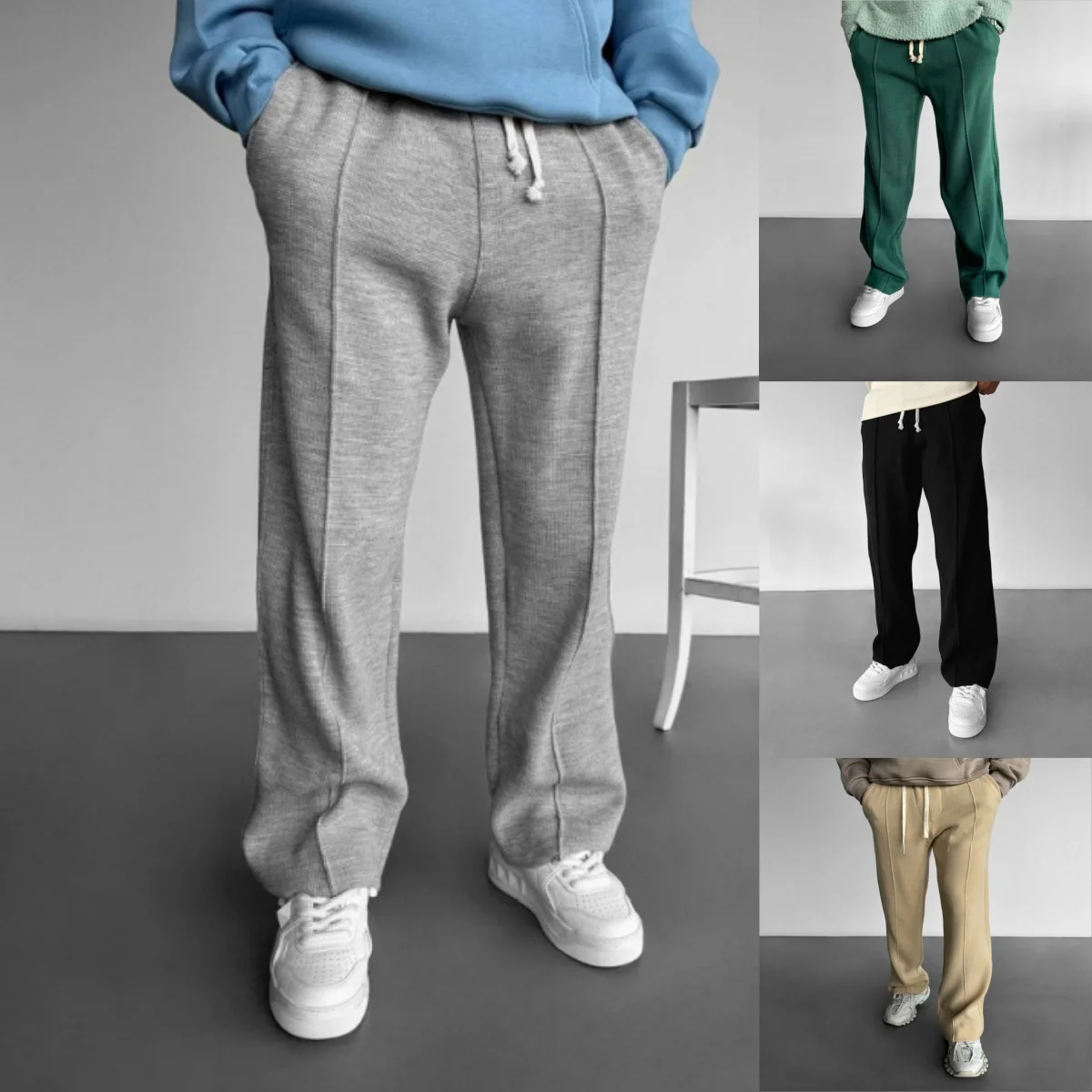 

Men's new business casual solid color waffle rope straight jogging pants suitable for shopping and casual pants