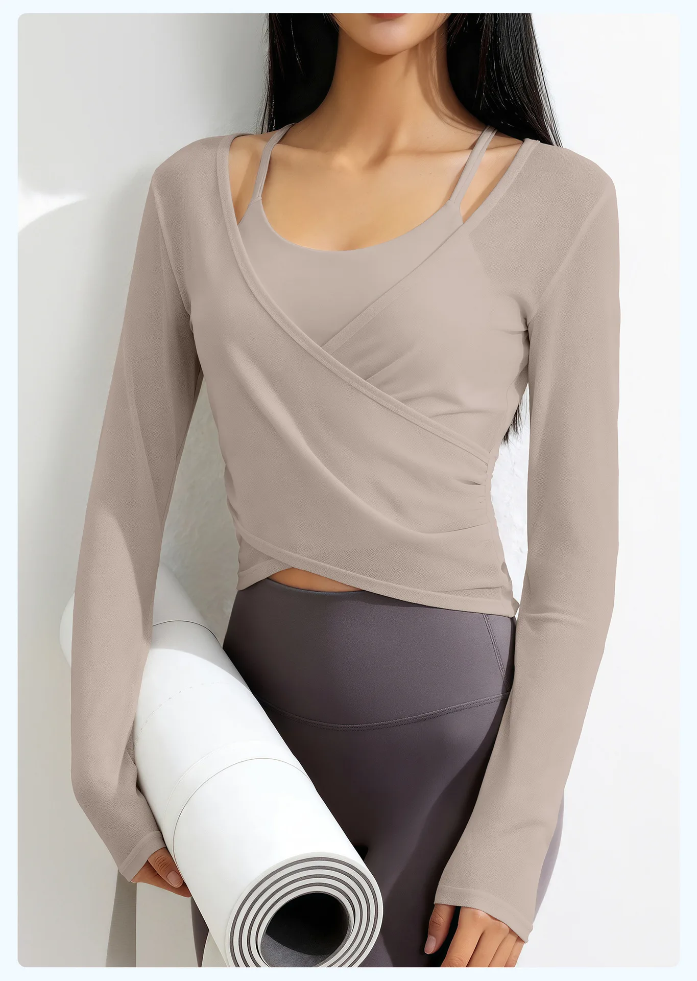 

Ladies Long Sleeve Halter 2 Pieces Mesh Breathable Elastic T-shirt Outdoor Sports Fitness Gym Workout Sportswear Clothing