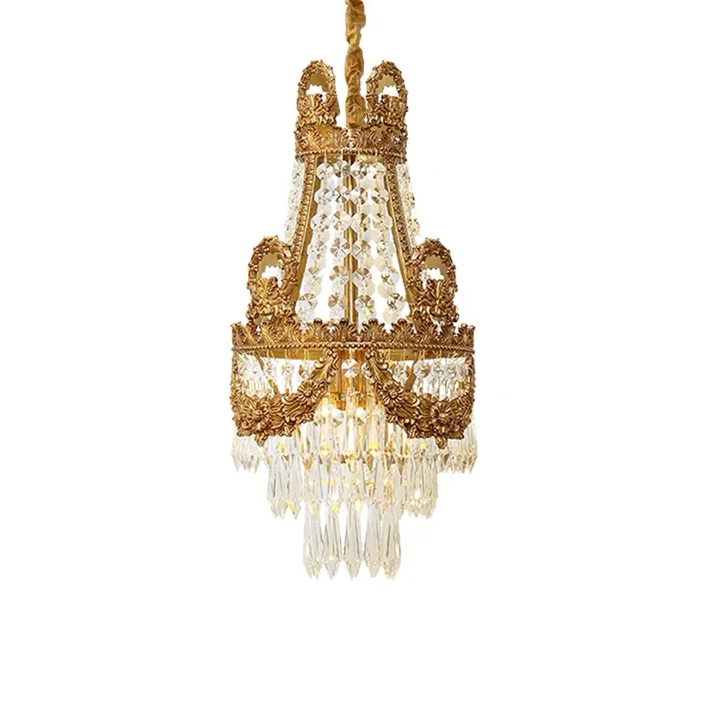 French Baroque Small Crystal Drop Lamp Chandelier European Luxury Royal Crown Bedside Cluster Pendant Light