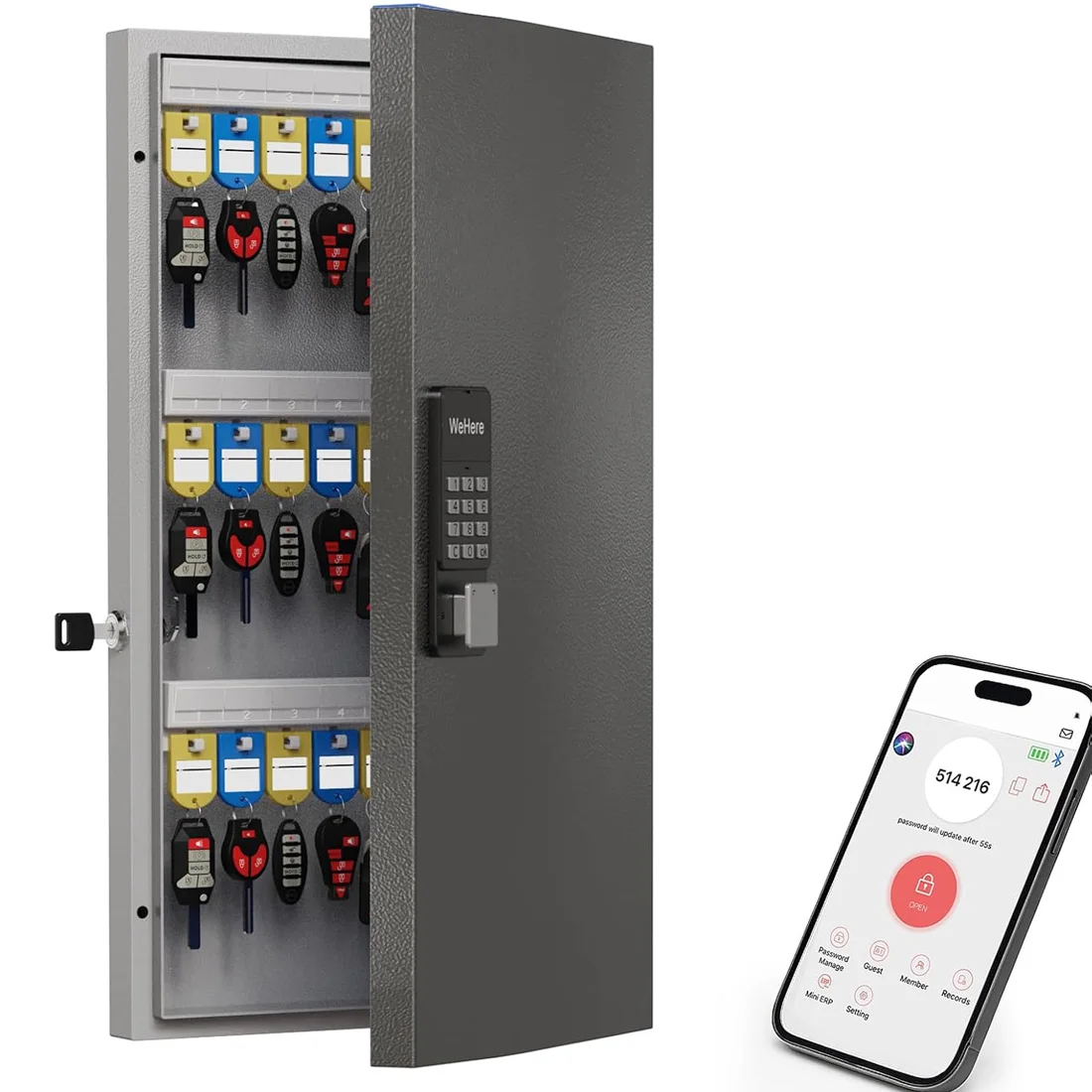 WeHere 48 Key Lock Box Intelligent Wall Mounted Key Storage Cabinet with OTP/APP Bluetooth And Fixed Code Unlocking Key Manageme