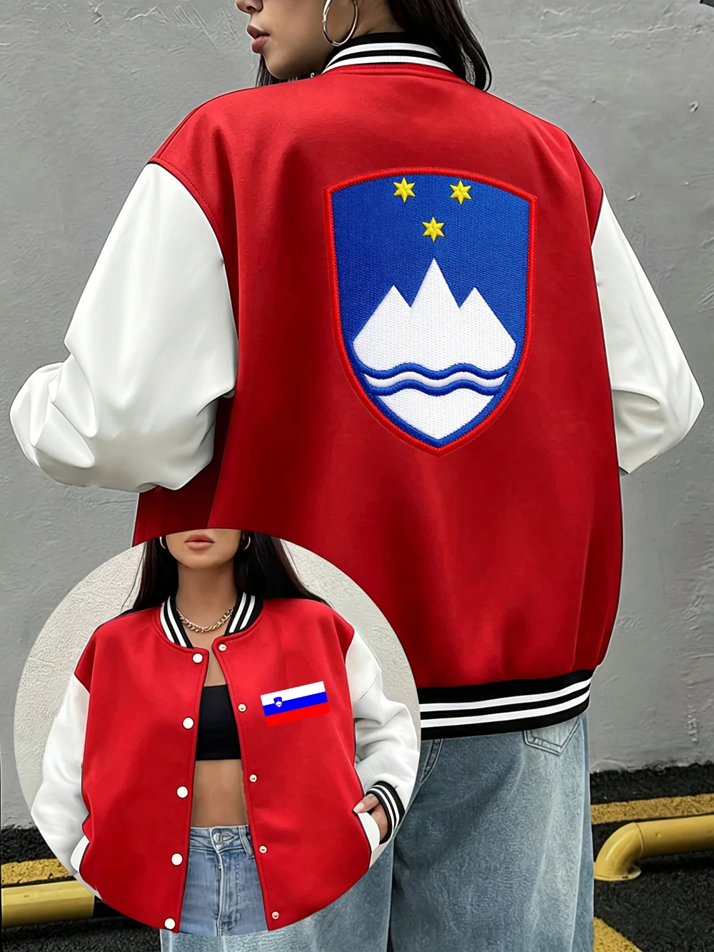 Slovenia Embroidery Prints Baseball Coat Womens Street Loose Cotton Jackets Winter Fleece Warm Tops Casual Pocket Woman Clothes
