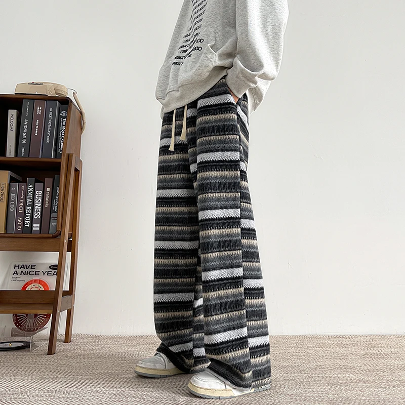 Plus Size 8XL American Retro Stripes Sweatpants Men Thickened Fleece Autumn and Winter Man Pants Casual Loose Wide Leg Trousers