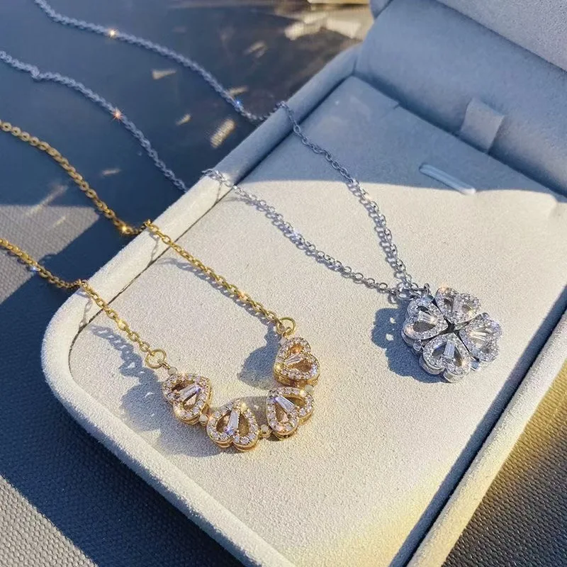 Heart Shaped Leaf Clover Pendant Necklace for Women,Double Wear Magnet Four Heart Flower Pendant,Love Clavicle Chain Gifts