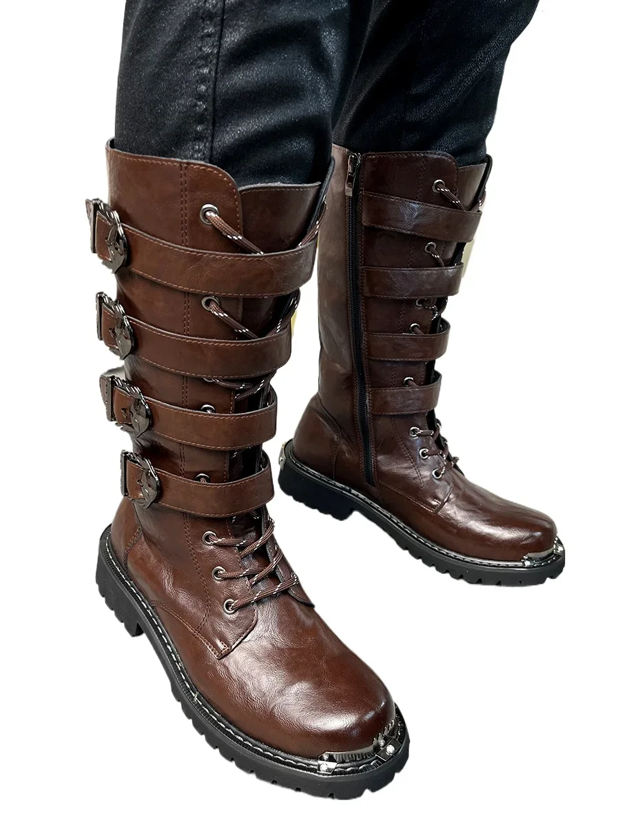 Punk Metal Decor Belt Buckle Mid-calf Gothic Long Boots for Men Round Toe Lace Up Thick Soled Knight Boots Winter Outdoor Shoes — zdjęcie 2