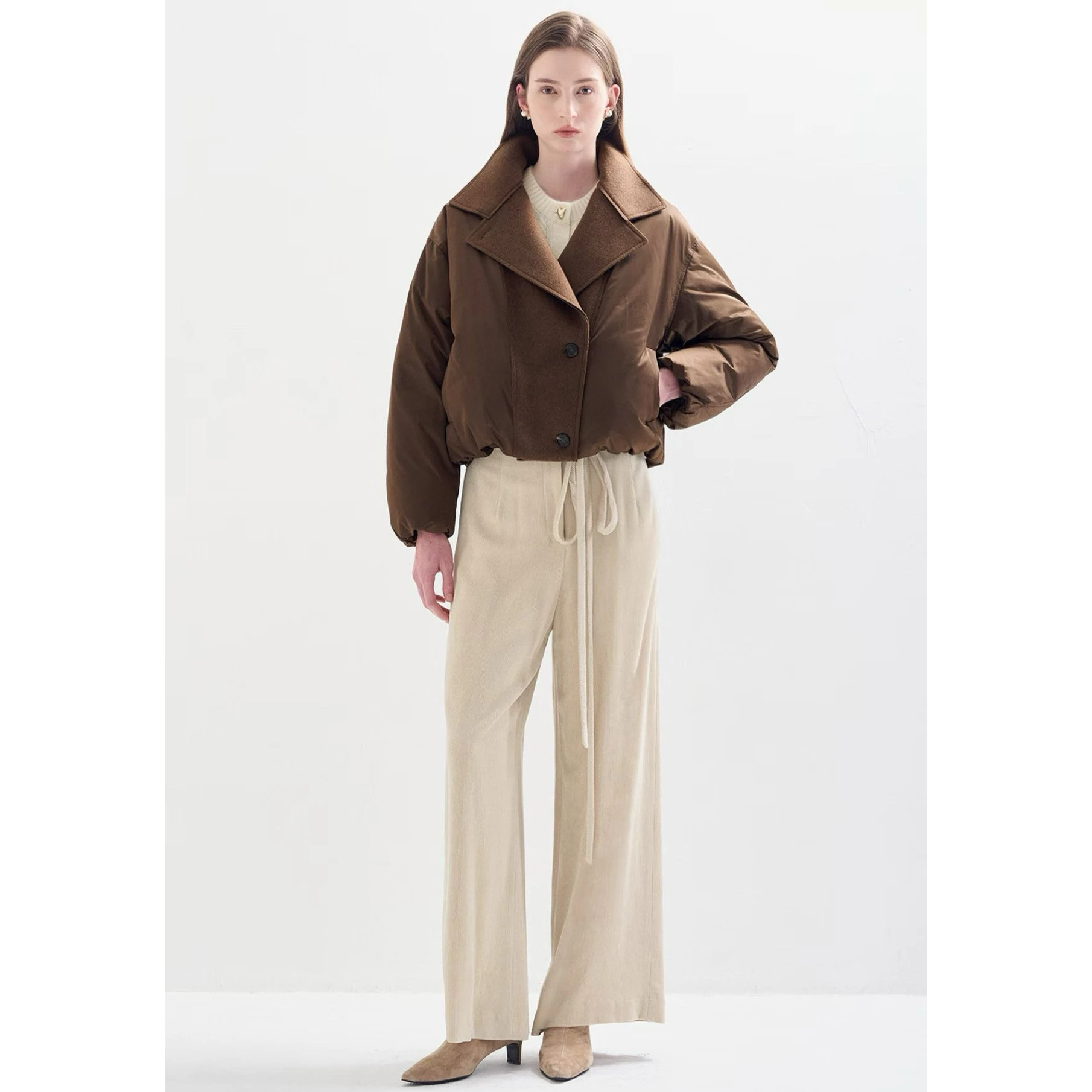 

Lemon Cheese LAN25 Winter Casual Wool Collar ort Goose down Jaet Patchwork Sle Commute Faion Ladies Coat Button Closure