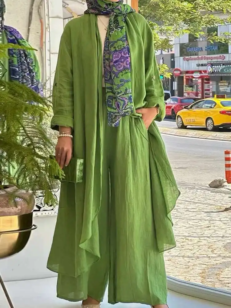 Maxi camisas de manga larga de 2 piezas + pantalones de pierna ancha Eid mujeres musulmanas conjuntos elegantes Abaya Dubai Turquía Tops casuales islámicos traje sólido