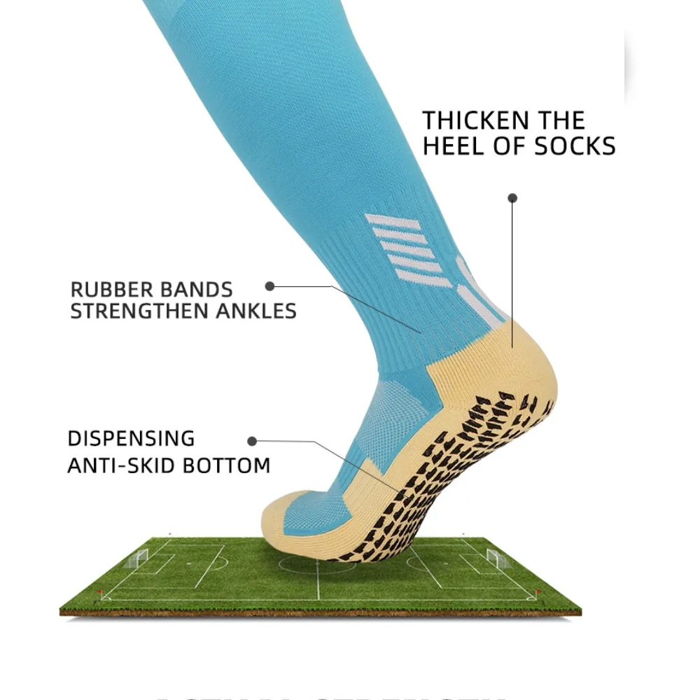 Meias de futebol antiderrapantes para homens e crianças, meias de futebol, comprimento longo, adesivo, espessado, fundo de toalha, perna alta, esportes