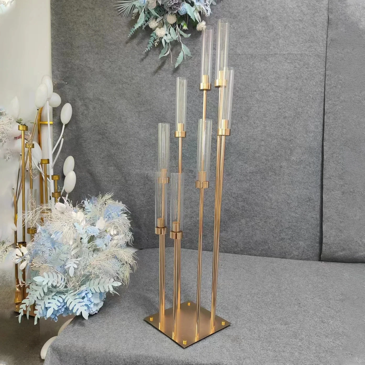 

Gold Acrylic Candle Holder for Wedding Stage Decoration, Pillar Candles, Metal Stand, Walkway, 8Heads