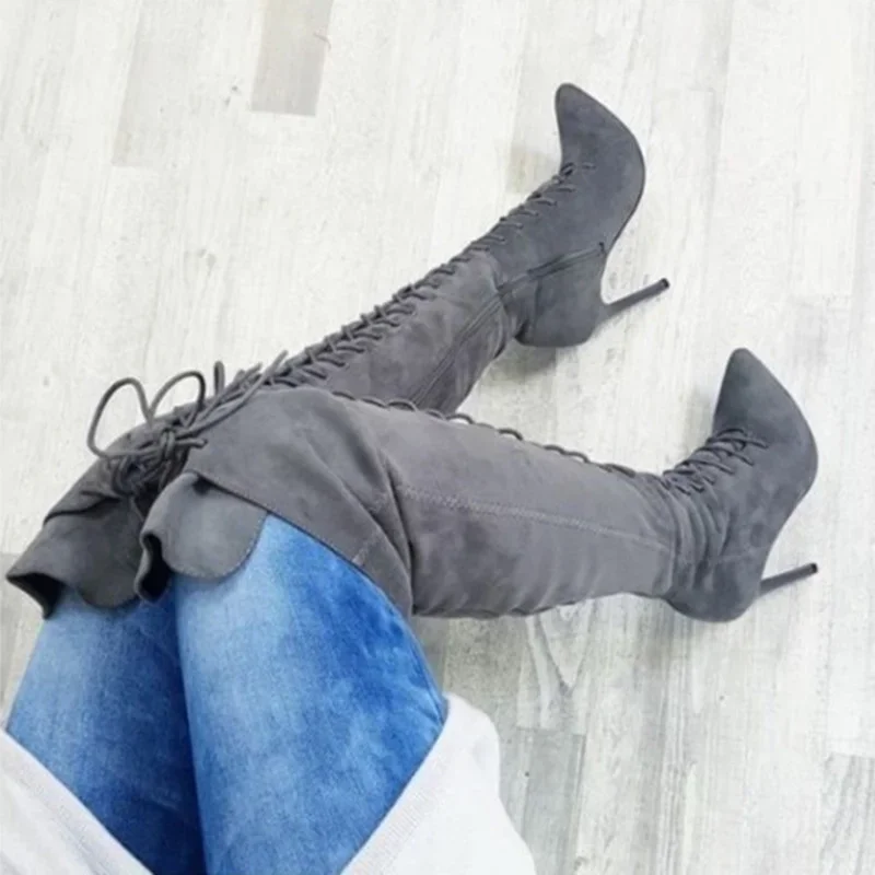 New Women Crossed tied Over The Knee Boots Pointed Toe Gladiator Lace up Thigh High Boots Side Zip Stiletto Heels Long Boots