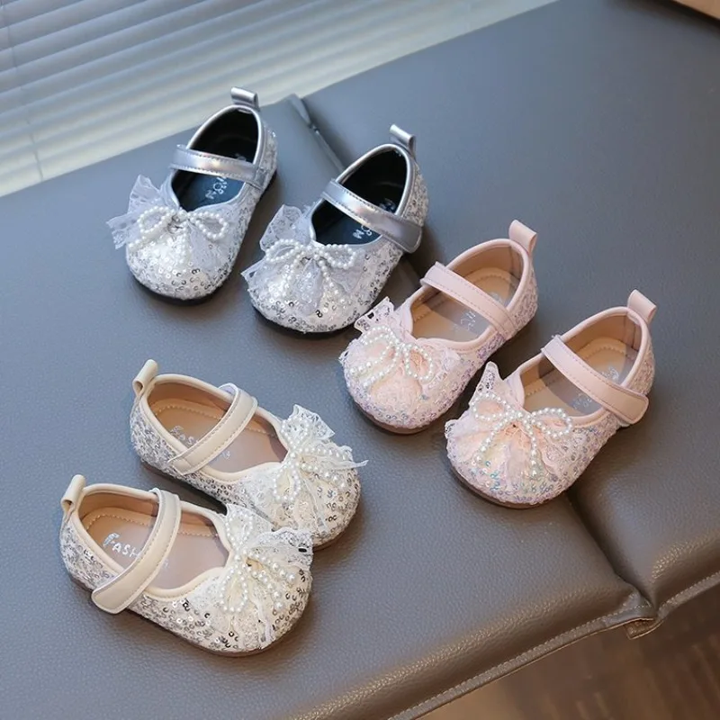 

2025 New Girls Shiny PU Leather Shoes Pearl Bow Princess Baby Shining Baby Toddler Flats Loafer Size 16-26
