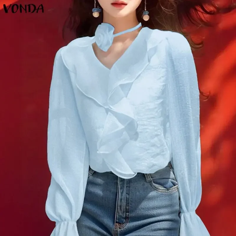 

VONDA Women Ruffled Blouse Fashion Shirts 2026 Spring Long Sleeve Casual Solid Tunic Tops V-Neck Sexy Elegant Office Lady Blusas