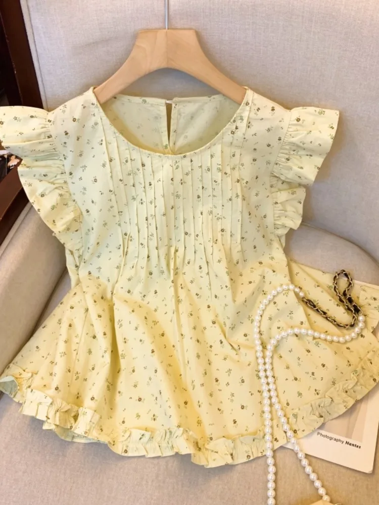 

Sweet Style Floral Print Shirt Women's Summer Slim Fit Shirt with Pleated Waist And Fly Sleeve Lace Trim Casual round Neck Top