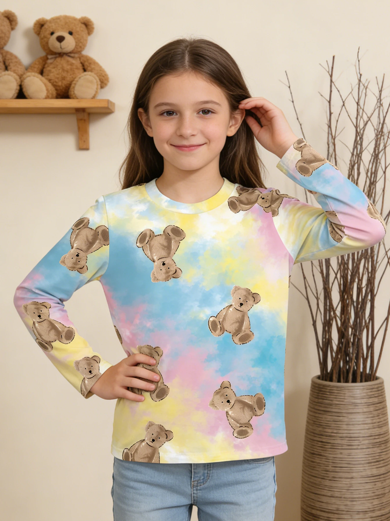 

2026 girls pink blue yellow gradual change tie-dye bear full print long-sleeved T-shirt, round neck casual top