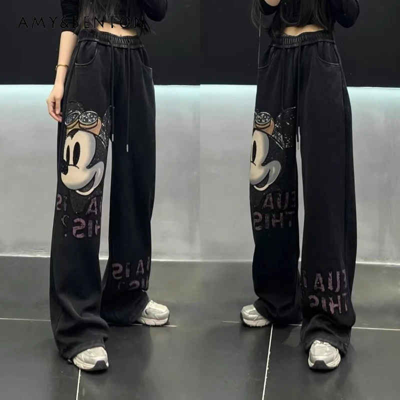 

2025 Autumn New Kawaii Slacks Heavy Industry Letter Printing Cute Sports Drawstring Drape Loose Versatile Sweatpants Trousers