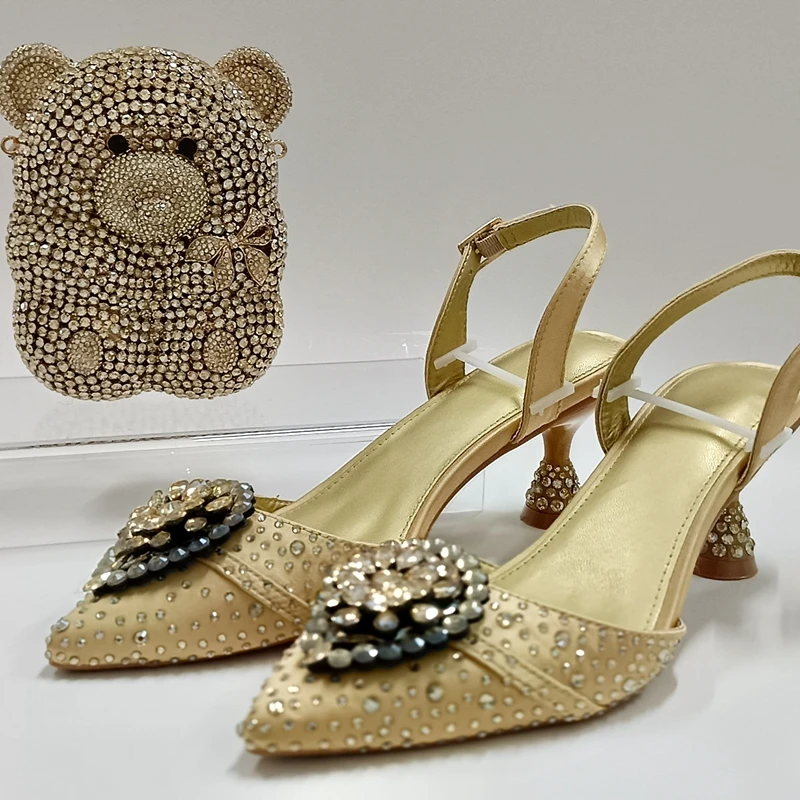 

INSIGHTLINK Shiny Gold Color Heel Shoes And Clutch Purse Set for Women Rhinestone Italian Design Gold Color Pointed-Toe Shoes