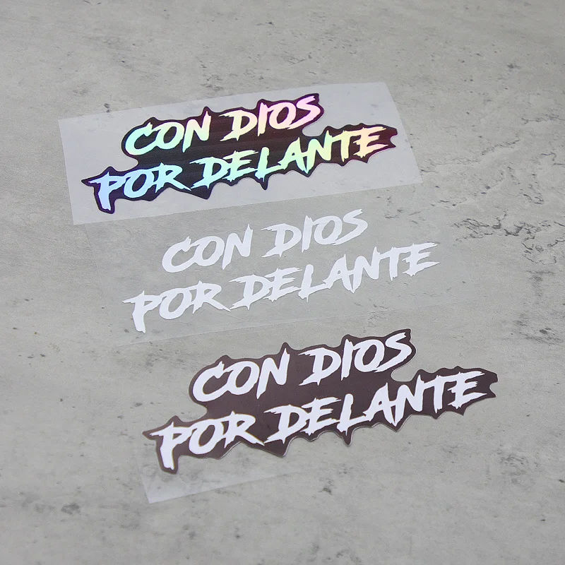 Con Dios Por Delante Text Stickers Waterproof Vinyl Decals for Car Motorcycle Decor Black White Holographic Multi-color
