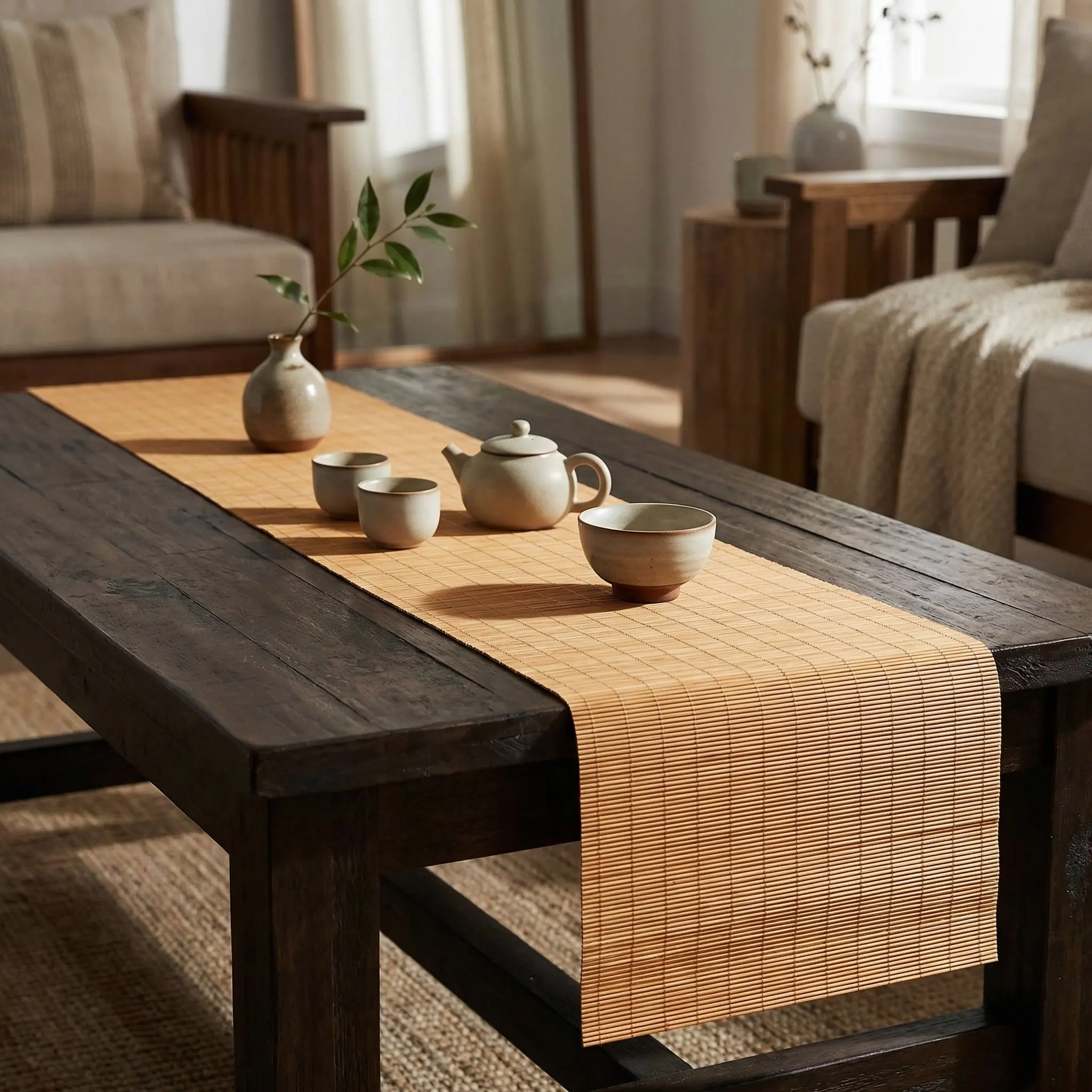 Cuttable Wide Bamboo Table Runner Dining Mat Tea Table Decoration Heat Resistant Bamboo Roll Tablecloth for Kitchen
